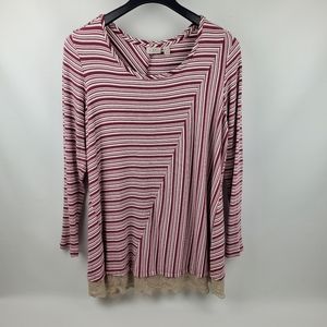 LOGO by Lori Goldstein Red White Striped Lace Bottom Tunic Size 1X